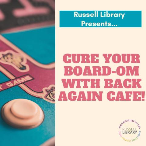 A faded filtered photo of an arcade game advertising Cure Your Board-OM with Back Again Cafe at Russell Library