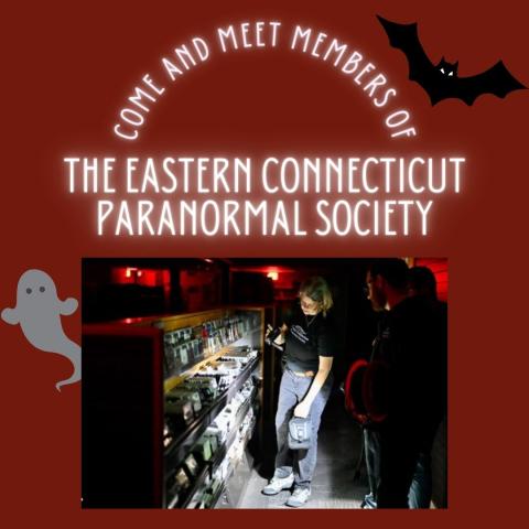 image of ghost hunters in front of CD shelving, text says meet members of the paranormal society