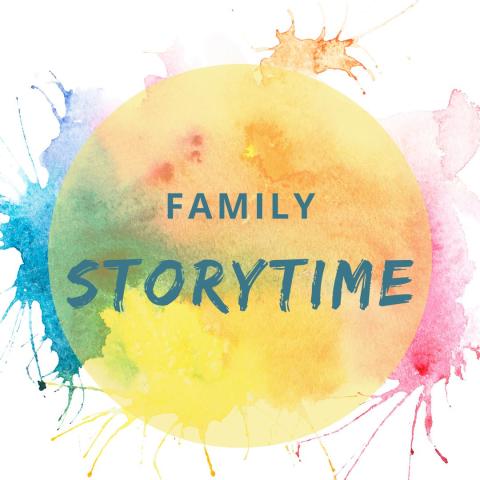 Orange circle with paint splots, Family Storytime dark blue.