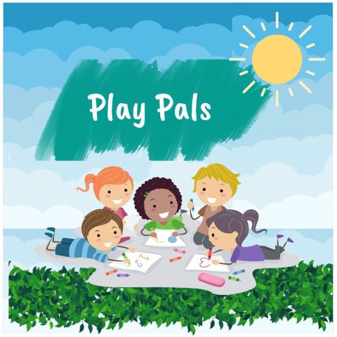 Kids coloring with Play Pals in white writing