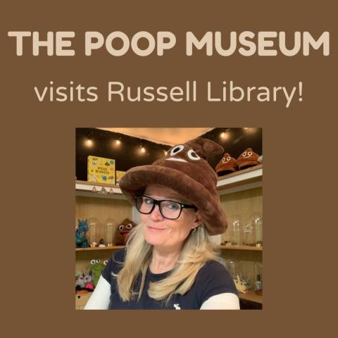 Woman wearing a poop emoji hat and glasses on a brown background