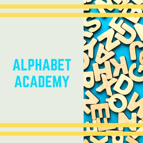 Alphabet letters on a blue background bordered by yellow stripes.