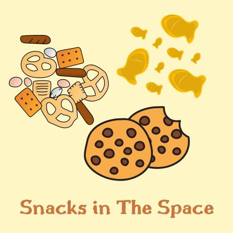 A yellow square with orange text reading Snacks in the Space. Cartoon pictures of trail mix, goldfish, and cookies feature in the center