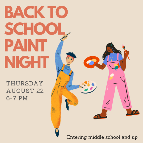 Tan square advertising BACK TO SCHOOL PAINT NIGHT with two people posing with paint supplies