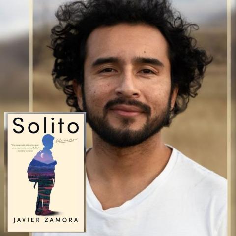 Author Javier Zamora with the cover of his book