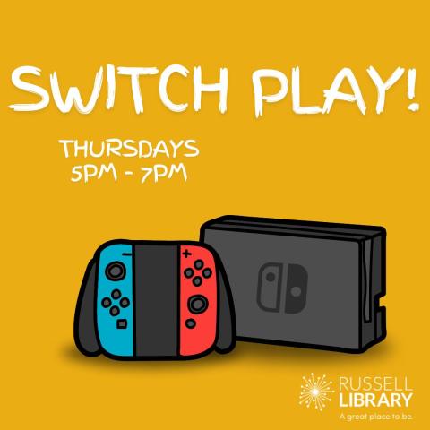 A dark yellow square with the logo for Switch Play weekly event showing Nintendo switch controller and dock