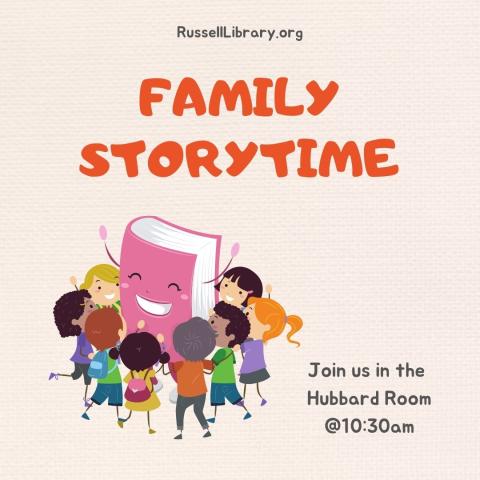 Family Storytime in red lettering with book surrounded by kids