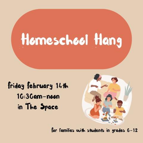 A tan square with an orange bubble and white text advertising Homeschool Hang. A graphic of different people sitting around homeschooling is the image