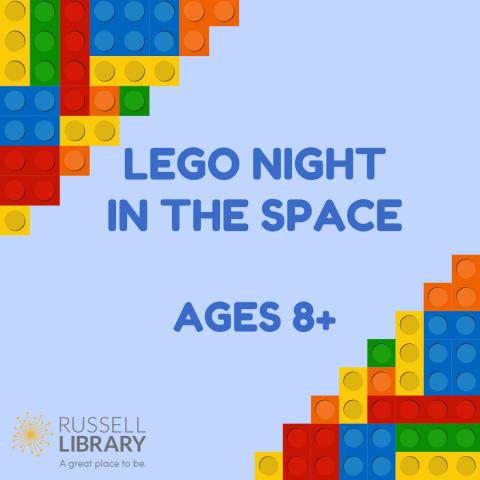 A blue square with multicolored legos advertises LEGO NIGHT IN THE SPACE