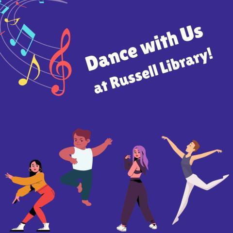 A blue square with various young people dancing in different styles and outfits. Text in a center box says Dance With US