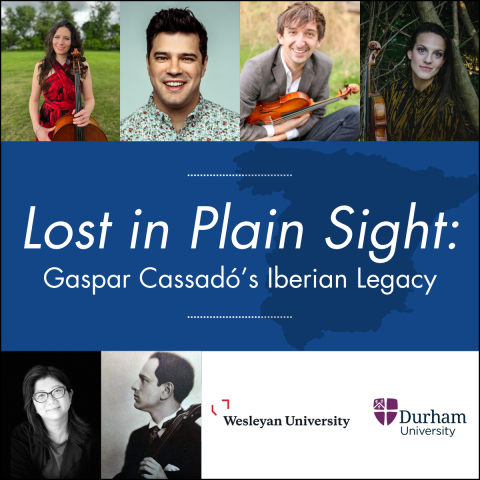 Lost in Plain Sight: Gaspar Cassadó's Iberian Legacy, including headshots of the musicians, the speaker, and Gaspar Cassadó.