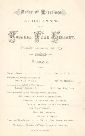Image of the program for the dedication of the Russell Library, November 17, 1875
