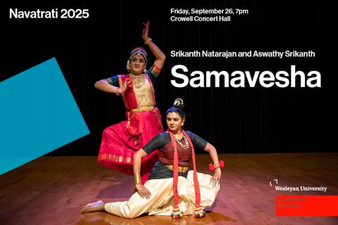 Two Indian dancers on a stage with concert information