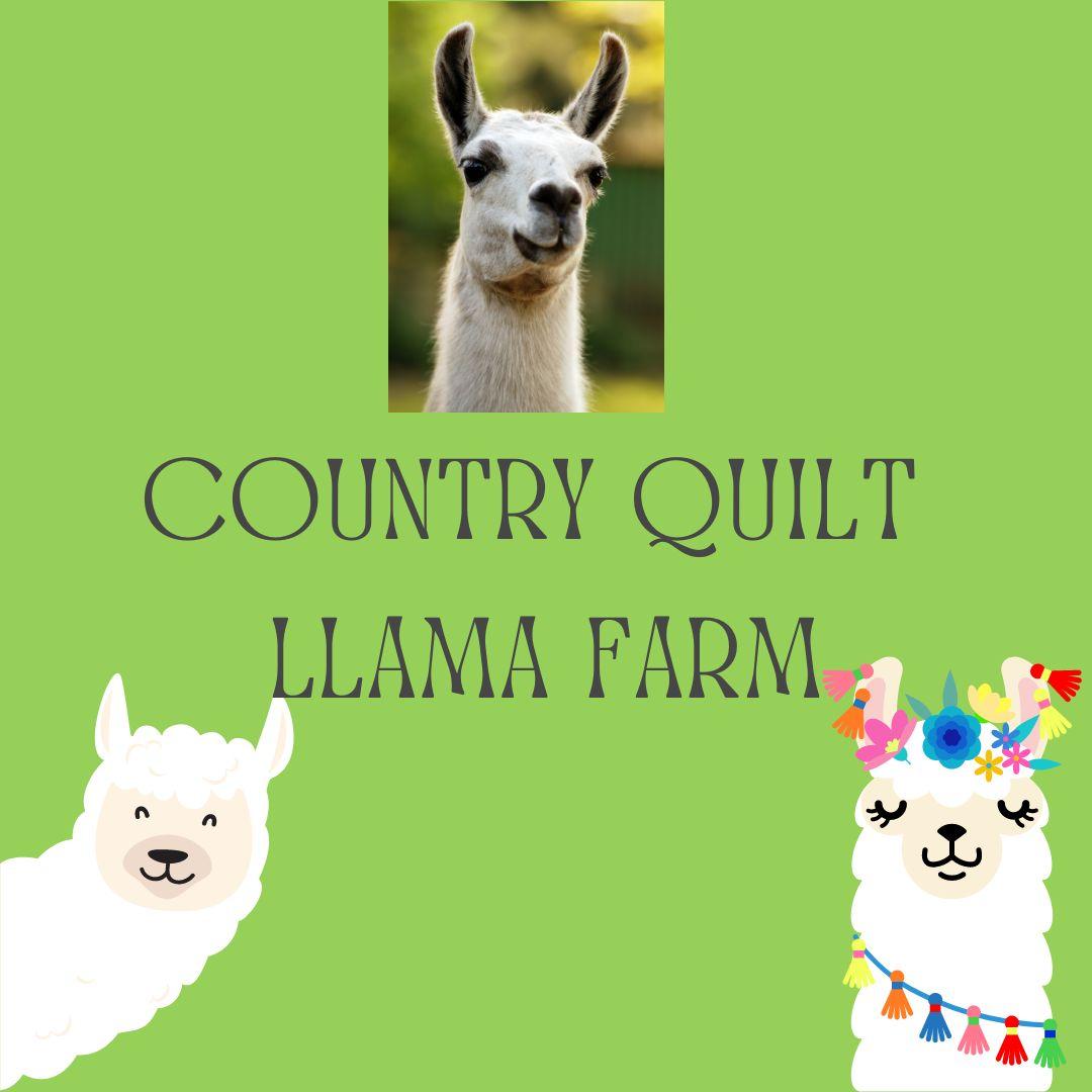 Llamas on a green background and Country Quilt Llama Farm in black writing.