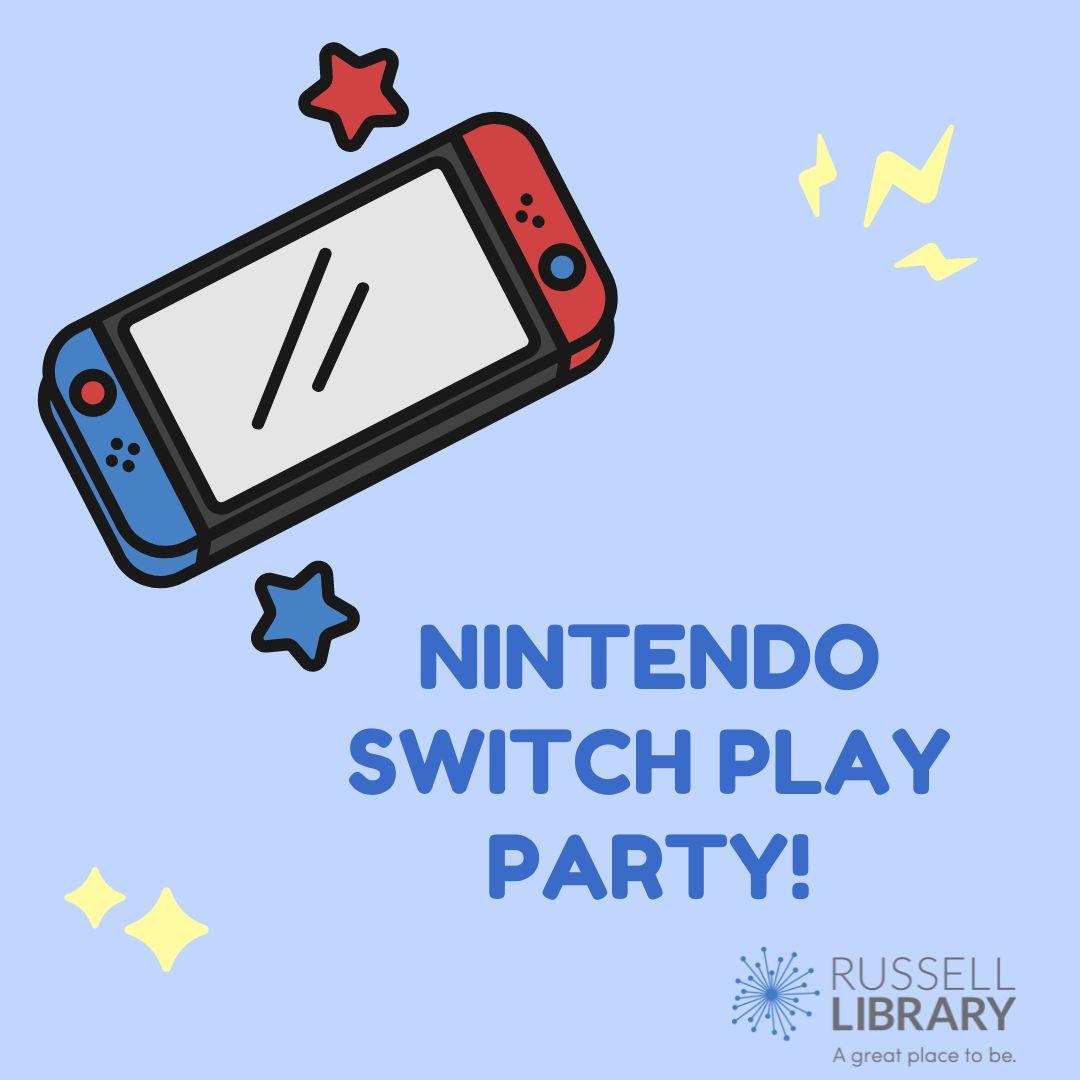 A light blue square with a nintendo switch console with blue and red stars advertises Nintendo switch play party in blue text