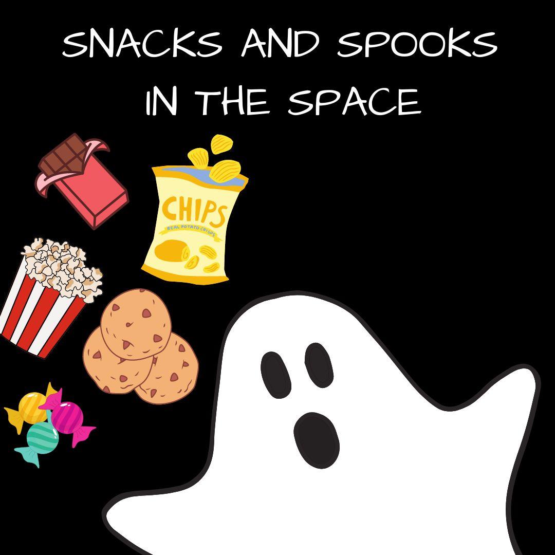 A black square with a white ghost with its mouth open and various snacks floating around its head. White text reads Snacks and Spooks in the Space