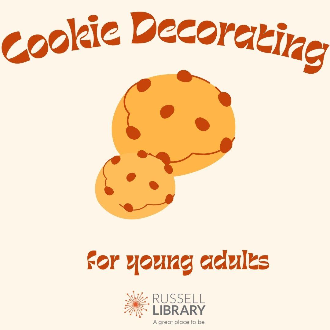 A cream square with read writing advertising Cooking Decorating for young adults with cookies in the center