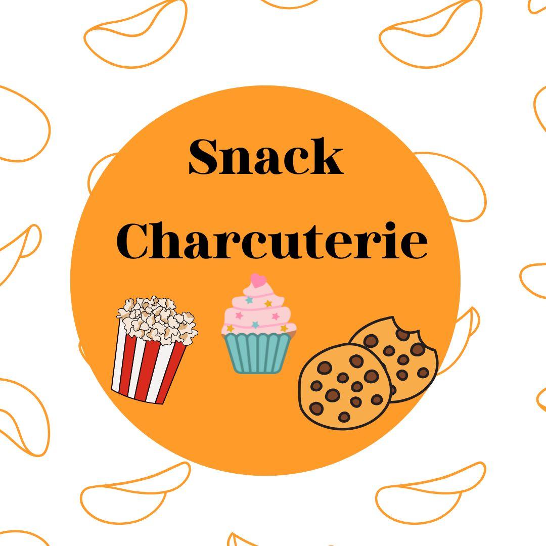 A white square with an orange circle in the center and various snacks advertise Snack Charcuterie