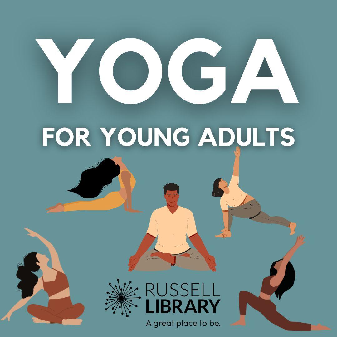 A grey blue square with various people in yoga poses with white text advertising YOGA for young adults