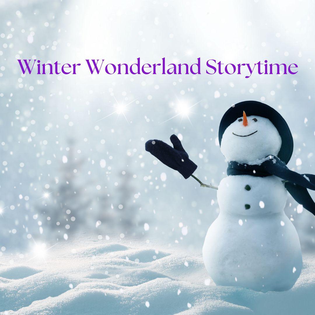 Snowy background with snowman and purple writing