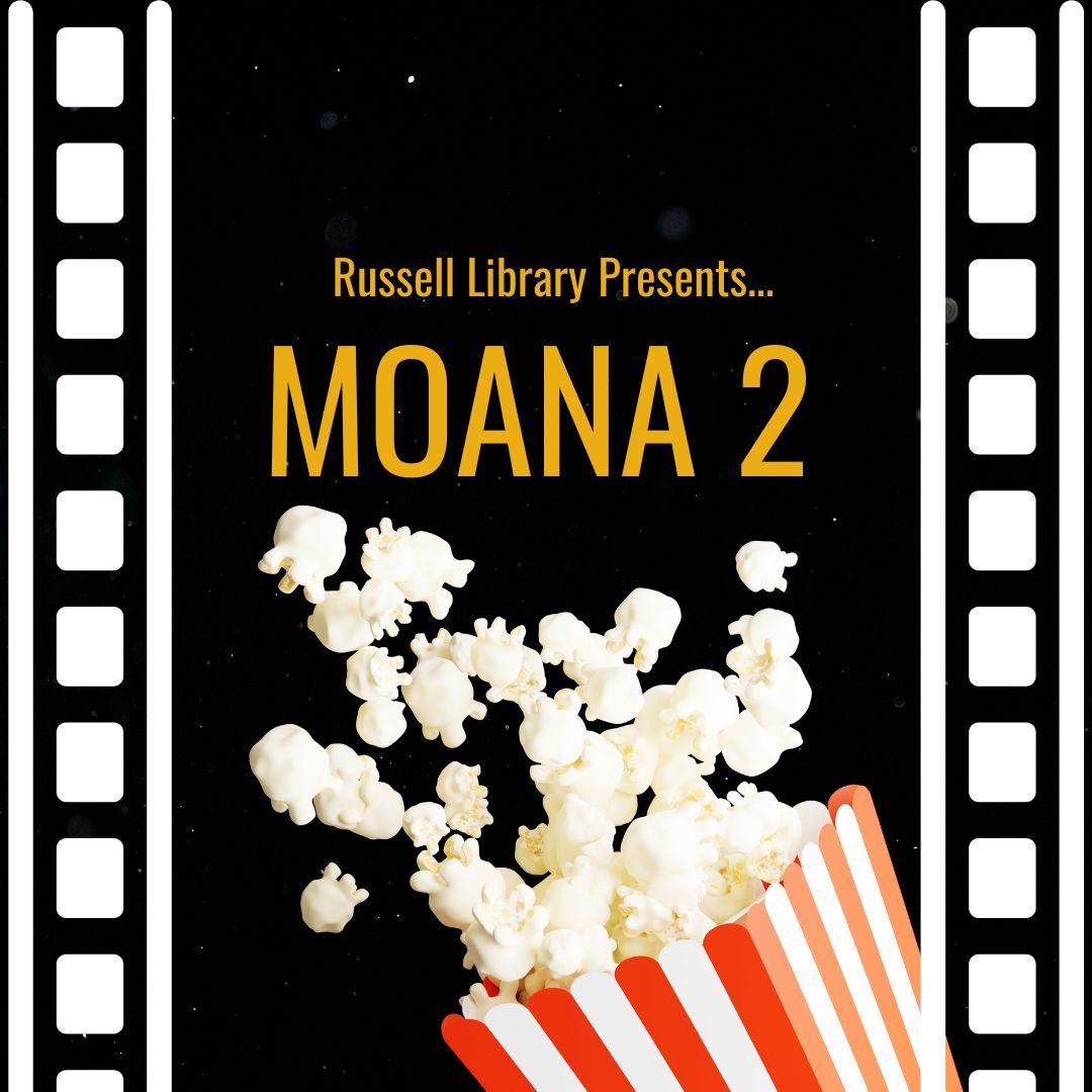 A black square with spilling popcorn and a film reel border advertises MOANA 2 in yellow text