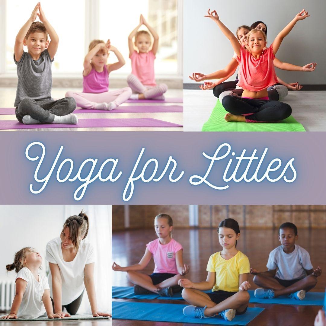 kids and adults doing yoga together in various poses