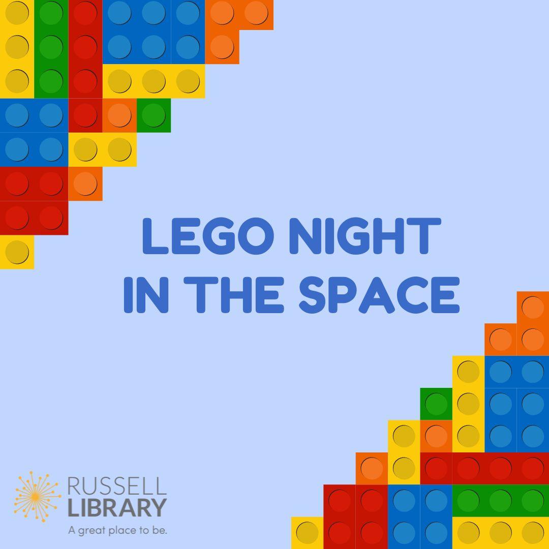 A blue square with multicolored legos advertises LEGO NIGHT IN THE SPACE