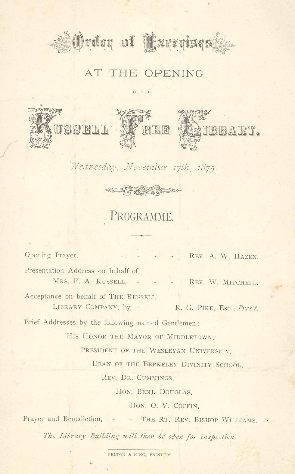 Image of the program for the dedication of the Russell Library, November 17, 1875